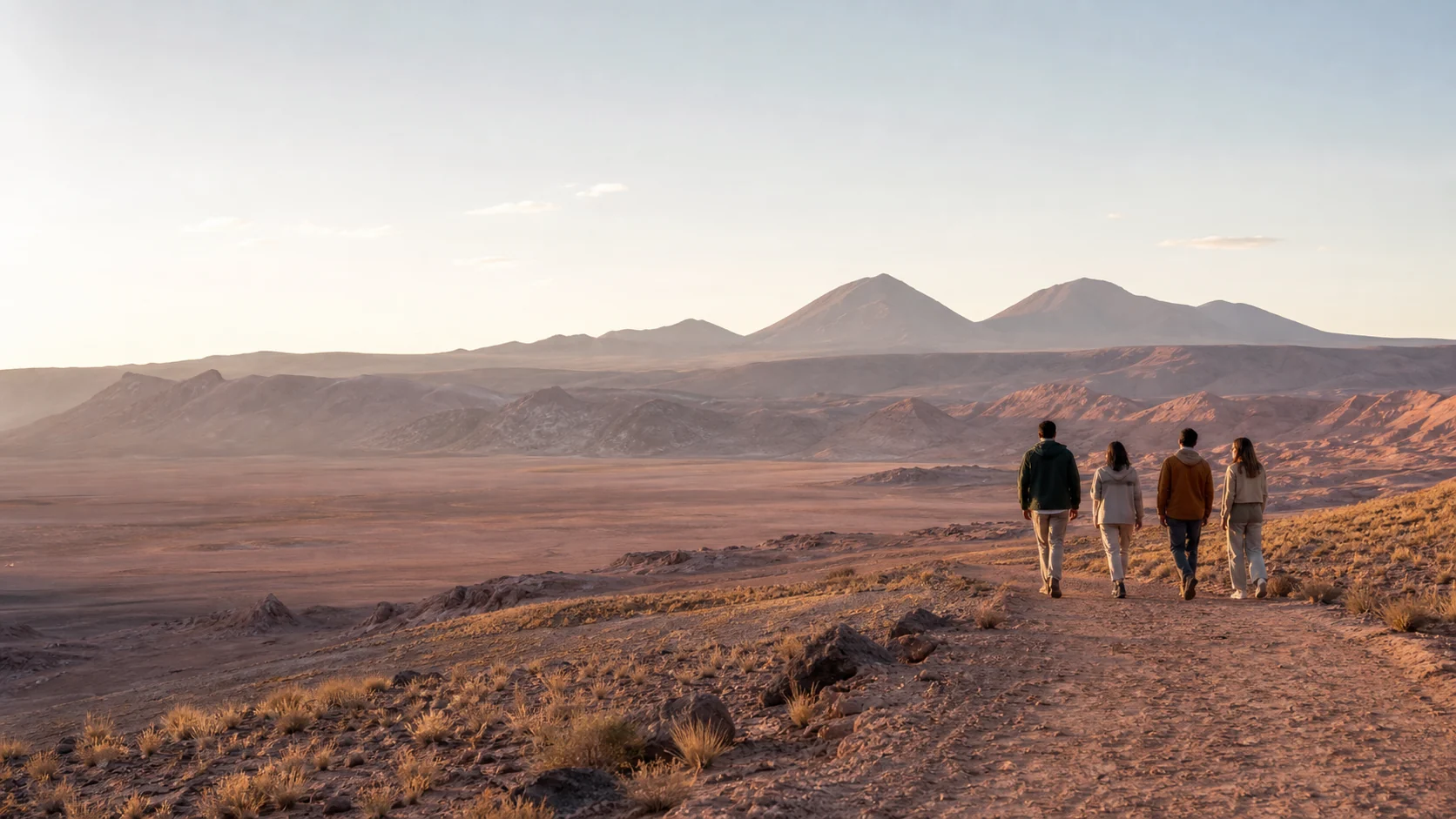 Um pequeno grupo caminha com calma por uma paisagem do deserto do Atacama