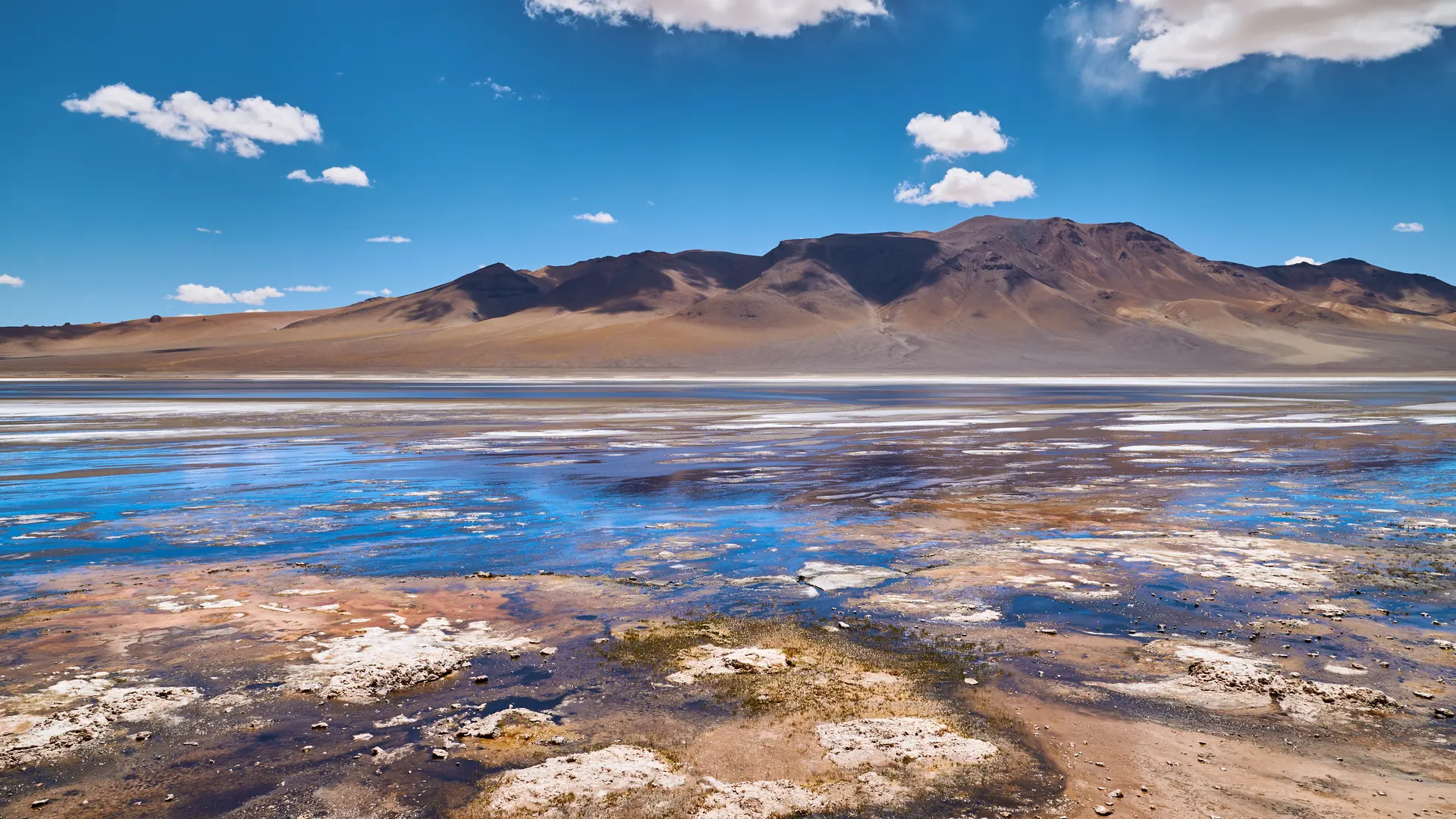 Superficie salina con reflejos azules frente a montañas de San Pedro de Atacama.